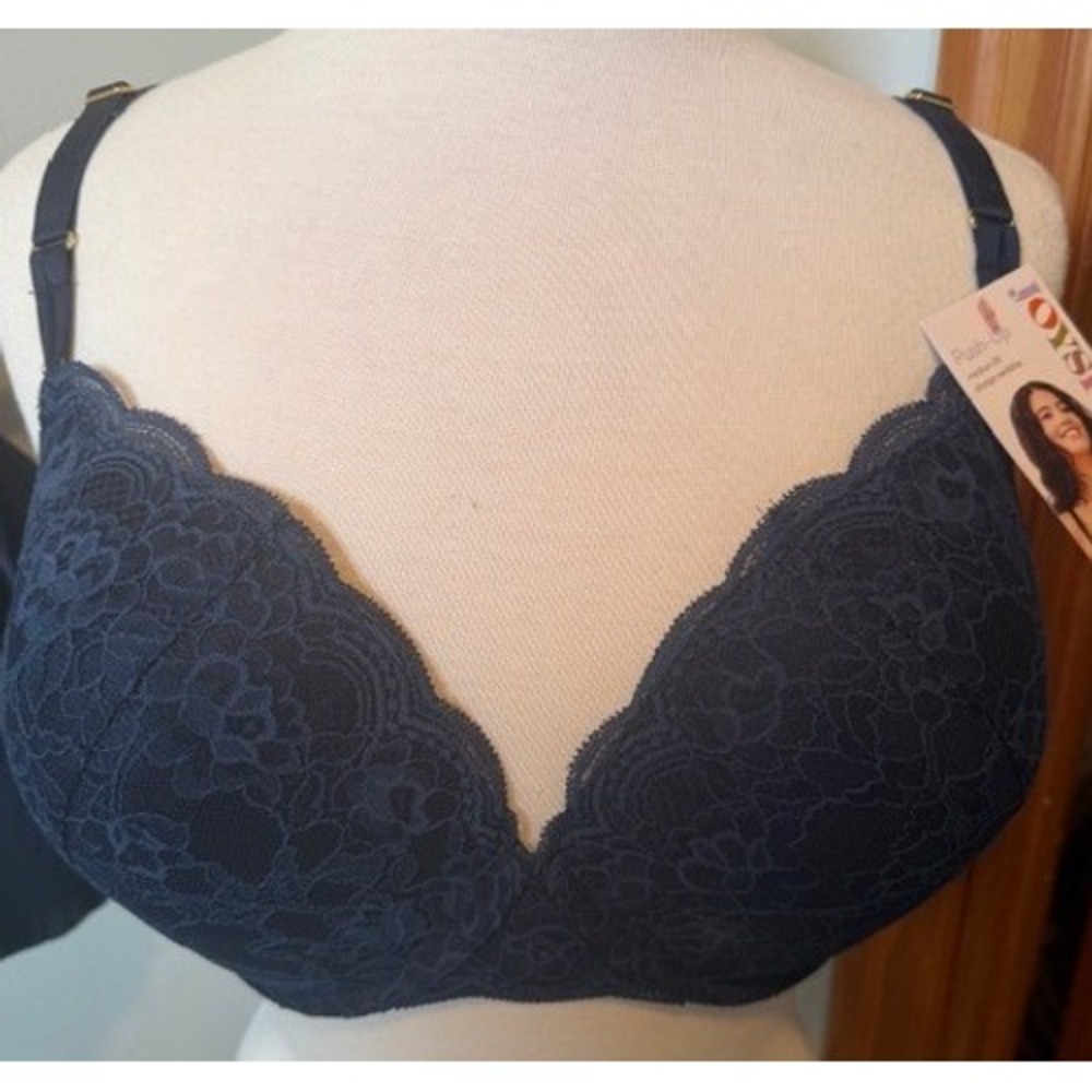 Joyspun Navy Water Lace‎ Push Up Bra 36DD Medium Lift Plunge Neckline NWT JS670